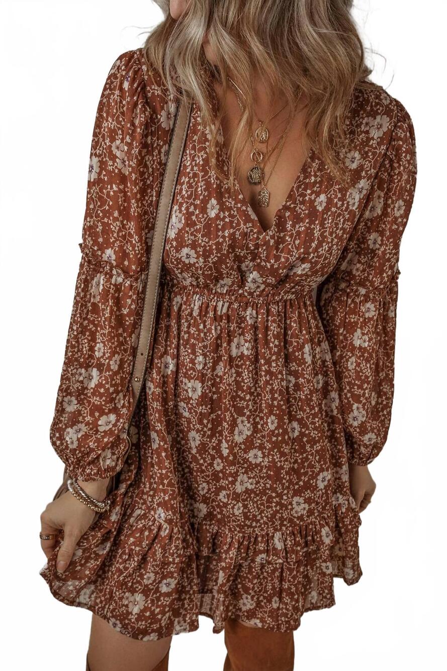 NEW LITTLE DAISY CLOSET betsy boho floral mini dress in brown